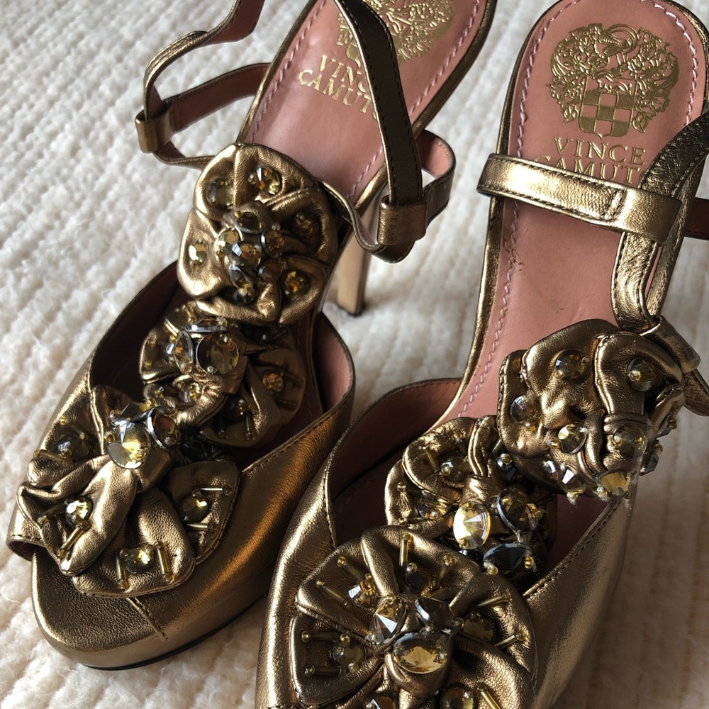 VINCE CAMUTO gold tone embellished heels